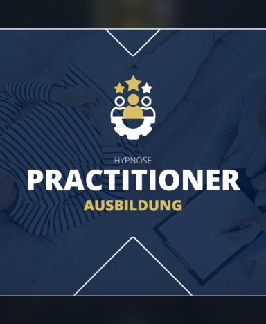 Text auf blauem Hintergrund: "Practitioner Ausbildung" mit Symbolen und Sternen.